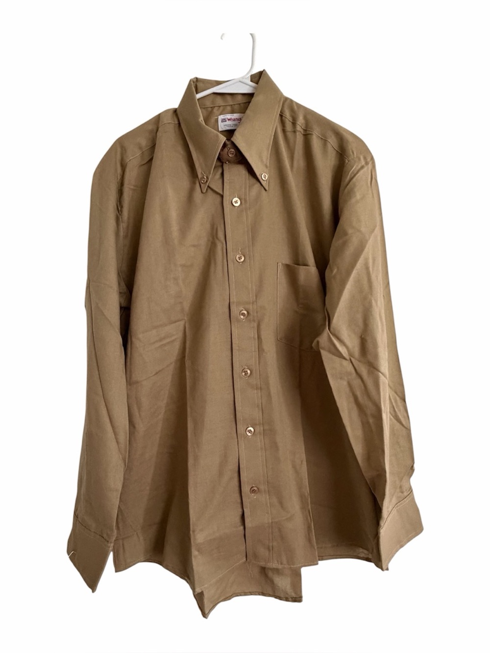 Wrangler Men's Brown Button-Down Woven Solid Shirt 50/50 Cotton Poly Pockets L